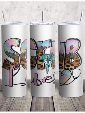 Hand Crafted White Tumbler with Pastel Gradient, Leopard Print & Teal Caduceus